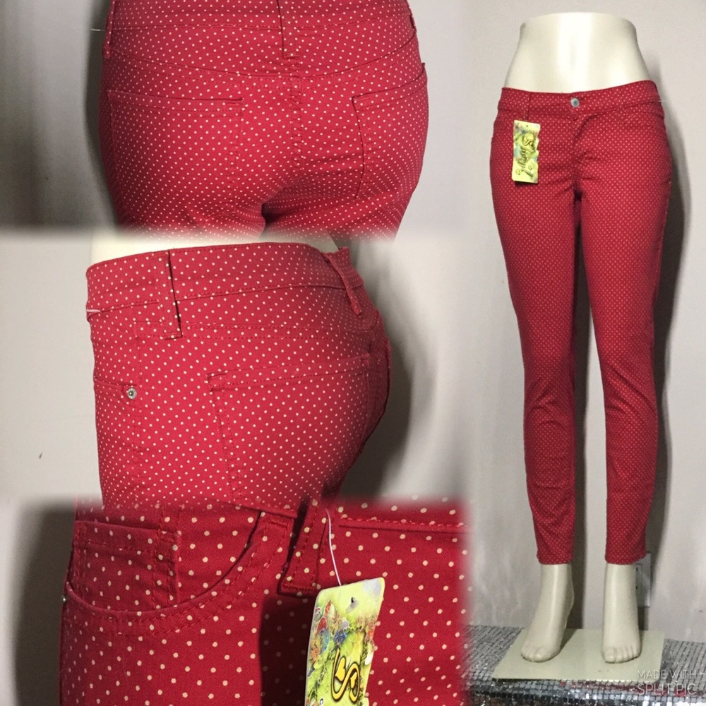 Polka dots red Stretch Jeans-with Pockets ,